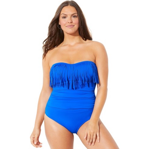 Swimsuits for All Women's Plus Size Fringe Bandeau One Piece Swimsuit - 4,  Blue