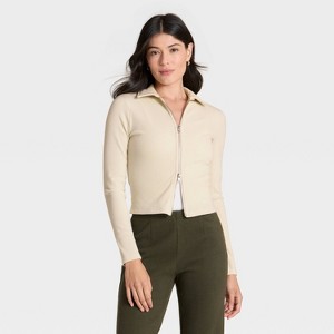 Women's Long Sleeve Brushed Ribbed Polo Zip-Up Jacket - A New Day™ - 1 of 4
