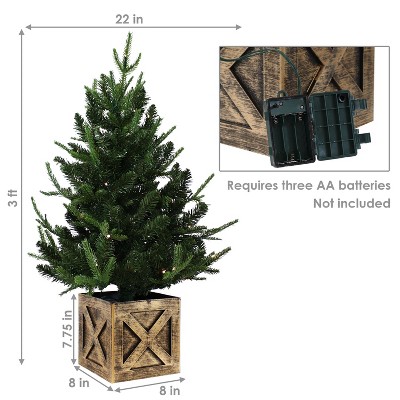 3-Foot Green Fir Tabletop Christmas Tree with White LED Lights and Faux Wooden Crate Base