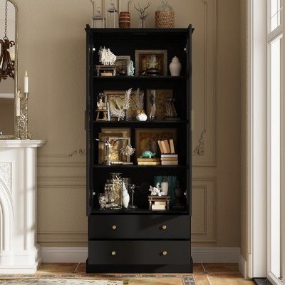 FUFU&GAGA Black Glass Door Display Storage Cabinet Tempered Glass Sturdy Cabinet