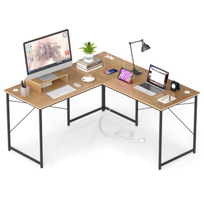 Tangkula L-Shaped Computer Desk with Power Outlets 95” Long 2-Person Desk with Monitor Shelf Modern Corner Desk Gaming Table with USB Ports Natural