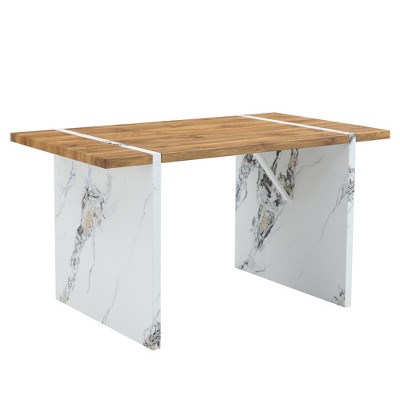 Chic Crate-Rustic Farmhouse Dining Table – 55In Wood Veneer w/ Marble Legs | Solid Wood | 4-6 Chairs | Family Dinner Table