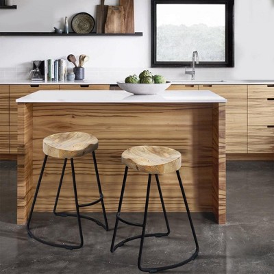 Royal Hampton 30 Inch Mango Wood Industrial Barstool, Saddle Seat, Iron Frame, Set of 2