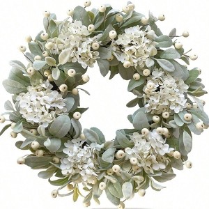 22 Inch Lambs Ears Leaves Wreath with Ivory Hydrangea and Berries Spring Summer Greenery Rustic Farmhouse Door Decor - 1 of 4