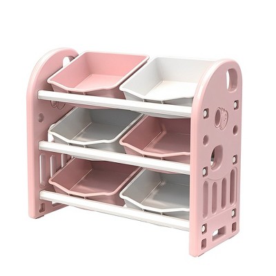 Kids Toy Storage Organizer With 6 Bins Multi-Functional 3-Tier Shelf Organizer Storage Cabinet Unit For Playroom Bedroom Living Room Pink