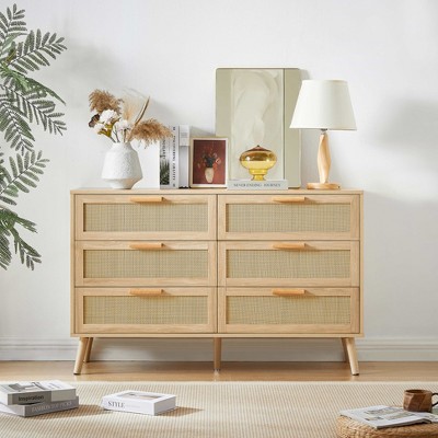 MAYEERTY 6 Double Dresser with Rattan Drawers Wood Chest og Drawers for Living Room Natural