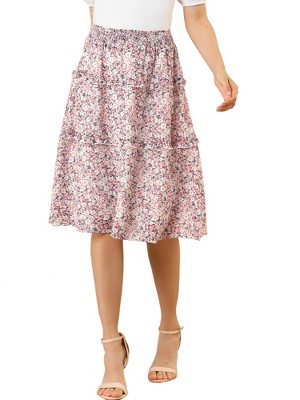 Allegra K Women's Floral Print Smocked Elastic Waist Midi Flowy Tiered Ruffle Skirt