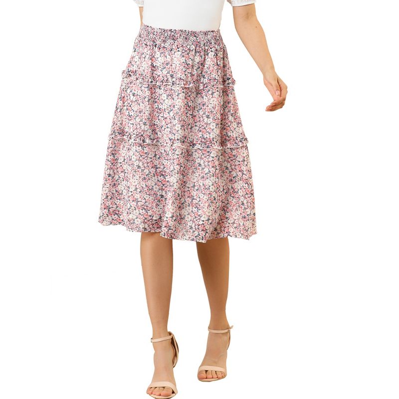 Allegra K Women's Floral Print Smocked Elastic Waist Knee Length Flowy Tiered Ruffle Skirt, 1 of 7