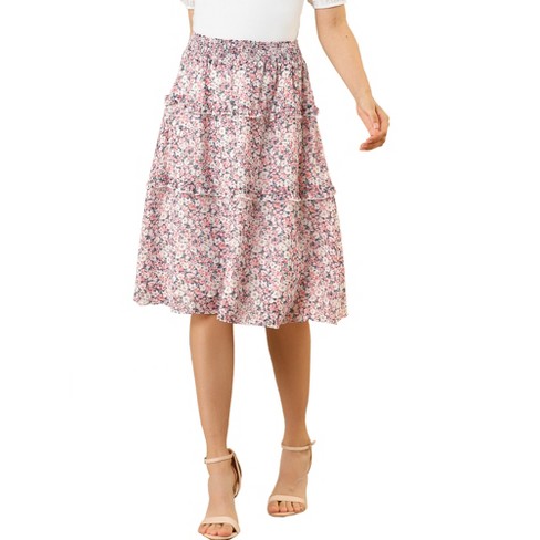 Allegra K Women's Floral Print Smocked Elastic Waist Knee Length Flowy  Tiered Ruffle Skirt Pink X-Small