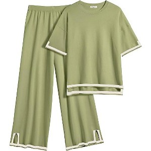 Ekouaer Lounge Set for Women Travel Outfits 2 Piece Sets Short Sleeve Sweater Top Wide Leg Long Pants Loungewear - 1 of 4