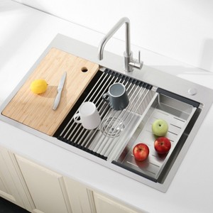 Gulches 33"x22" Stainless Steel Kitchen Sink, Single Bowl Overmount Handmade Brushed, with Cutting Board & Colander - 1 of 4