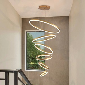 BAOURE 6-Rings Modern LED Chandelier D31.4" Gold Dimmable High Ceiling Chandelier for Dining Room with Remote Control for Entryway Staircase Foyer - 1 of 4