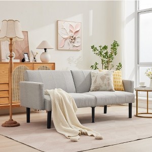 75.5" Convertible Sofa Bed, Striped Linen-Textured Fabric, Sturdy Legs, Mid-Century Modern Style Folding Sofa, Suitable for Living Room, Bedroom - 1 of 4