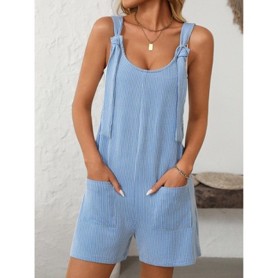 Womens Summer Casual Short Romper Scoop Neck Sleeveless Striped Overalls Shorts Jumpsuit with Pockets