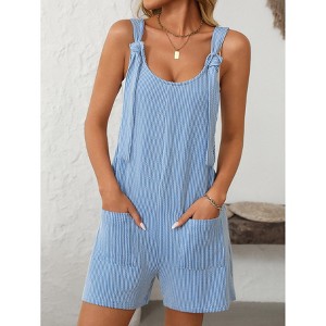 Womens Summer Casual Short Romper Scoop Neck Sleeveless Striped Overalls Shorts Jumpsuit with Pockets - 1 of 4