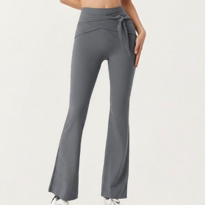 Anna-Kaci Active Women's Ribbed Knit Flare Pants with Wrap Tie Waistband and High Waist Silhouette - 1 of 4
