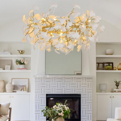 CityFurn Modern 48'' Gold Tree Branches Chandeliers Round Ceramic Ginkgo Leaf Pendant Light