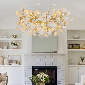 CityFurn Modern 48'' Gold Tree Branches Chandeliers Round Ceramic Ginkgo Leaf Pendant Light - 1 of 4