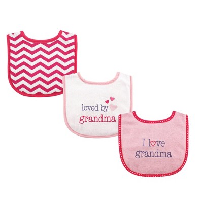 Luvable Friends Baby Girl Cotton Drooler Bibs with Fiber Filling 3pk, Girl Grandma, One Size