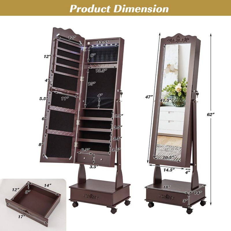 Tangkula Rolling Jewelry Cabinet Armoire Full Length LED Mirror Lockable w/ Drawer, 4 of 11