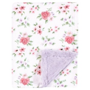 Hudson Baby Infant Girl Plush Blanket with Furry Binding and Back, Vintage Floral, One Size - 1 of 2