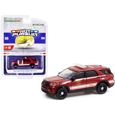 2020 Ford Police Interceptor Utility Red Met. w/ White Stripes "Detroit Fire Dept." "Hot Pursuit" 1/64 Diecast Car by Greenlight