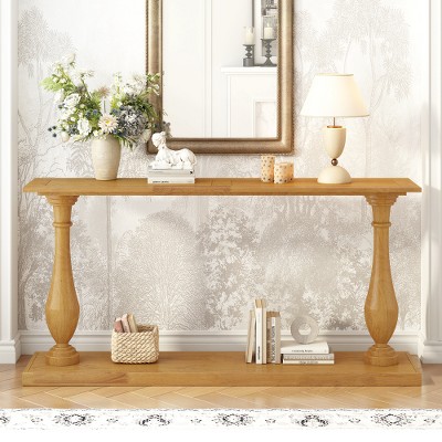 Vintage Sofa Table Console Table with Pine Veneer and Vase-Leg Design, Farmhouse Entryway Table with Storage for Living Room Entryway