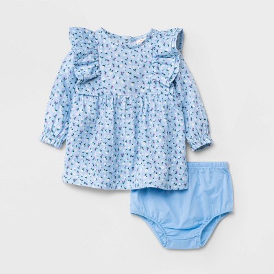 Image of Baby Girls' Ditsy Floral Ruffle Gauze Long Sleeve Dress - Cat & Jack™ Periwinkle Blue 0-3M