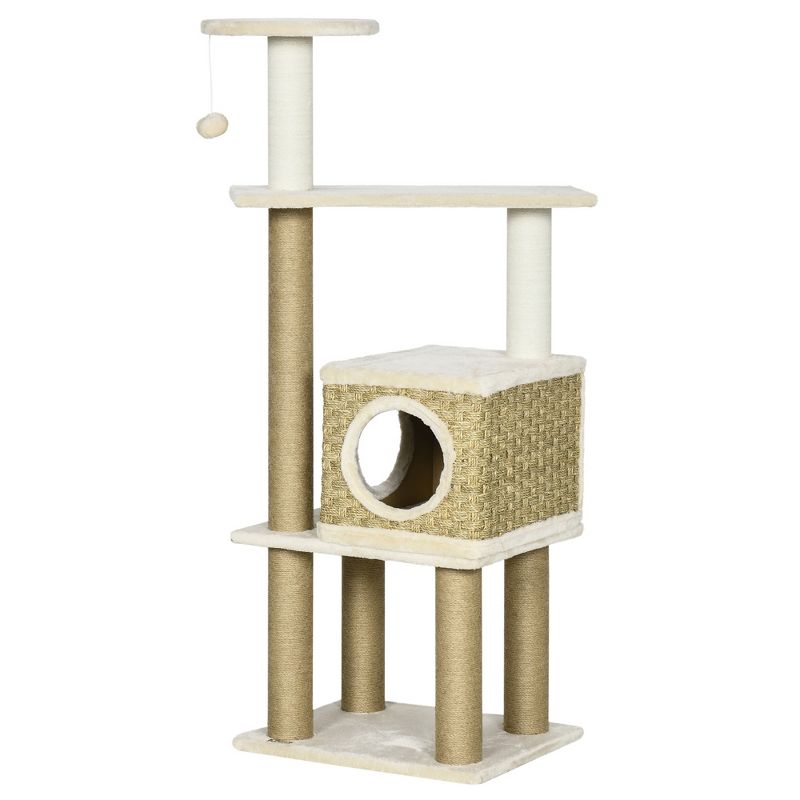 PawHut Modern Cat Tree with Scratching Posts and Rattan Cat House, Small Cat Tower for Indoor Cat Furniture, Beige, 4 of 7
