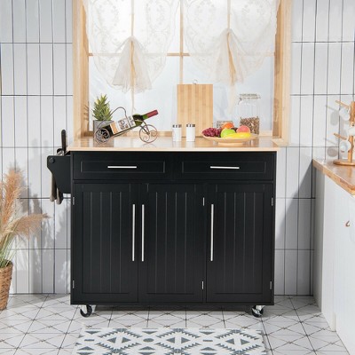 Black MDF and Rubberwood Kitchen Island Trolley Cart with Knife Block
