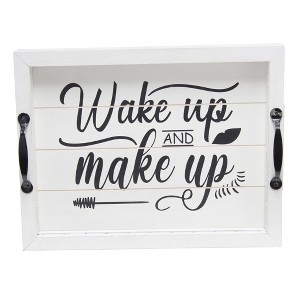 HomeRoots 16" White And Black Wake Up and make up Serving Tray With Handles And LED Lights - 1 of 4