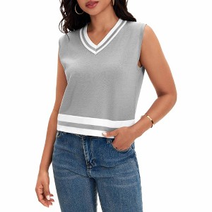 ATHLECHIC Women's Summer Knit Color Block Sleeveless V Neck Loose Fit Preppy Trendy Tank Tops - 1 of 4