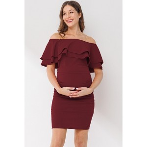 Hello Miz Women's Off Shoulder Double Ruffle Maternity Dress - 1 of 4