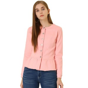 INSPIRE CHIC Women's Peplum Collarless Round Neck Button Down Cropped Ruffle Hem Denim Jackets - 1 of 4