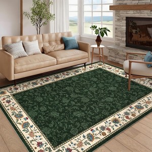 Orieon 60x84 inch Washable Rug Non Slip Low Pile - Vintage Floral Area Rug for Living Room, Green - 1 of 4