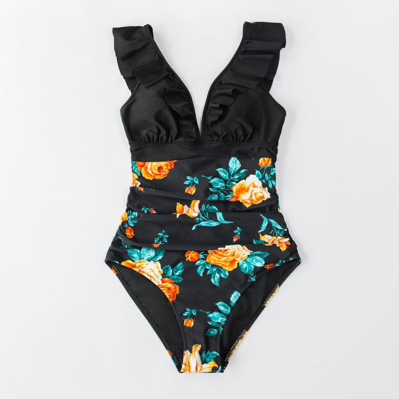 Women's Ruffled Lace Up One Piece Swimsuit -cupshe-black Yellow Floral ...