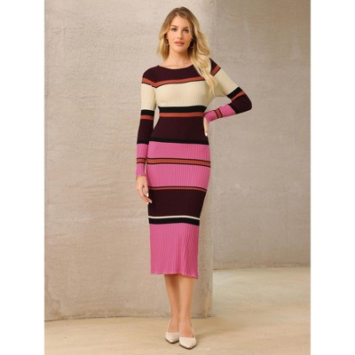 Женские платья INSPIRE CHIC Women's Striped Long Sleeve Casual Work Ribbed Knit Bodycon Sweater Dress Fushcia X-Large — фото 2