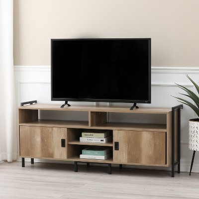 Modern Black and Light Oak 60" TV Stand with Cabinet Storage