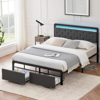 Whizmax LED Bed Frame with 2 Storage Drawers, Upholstered Platform Bed with Storage, Dark Grey