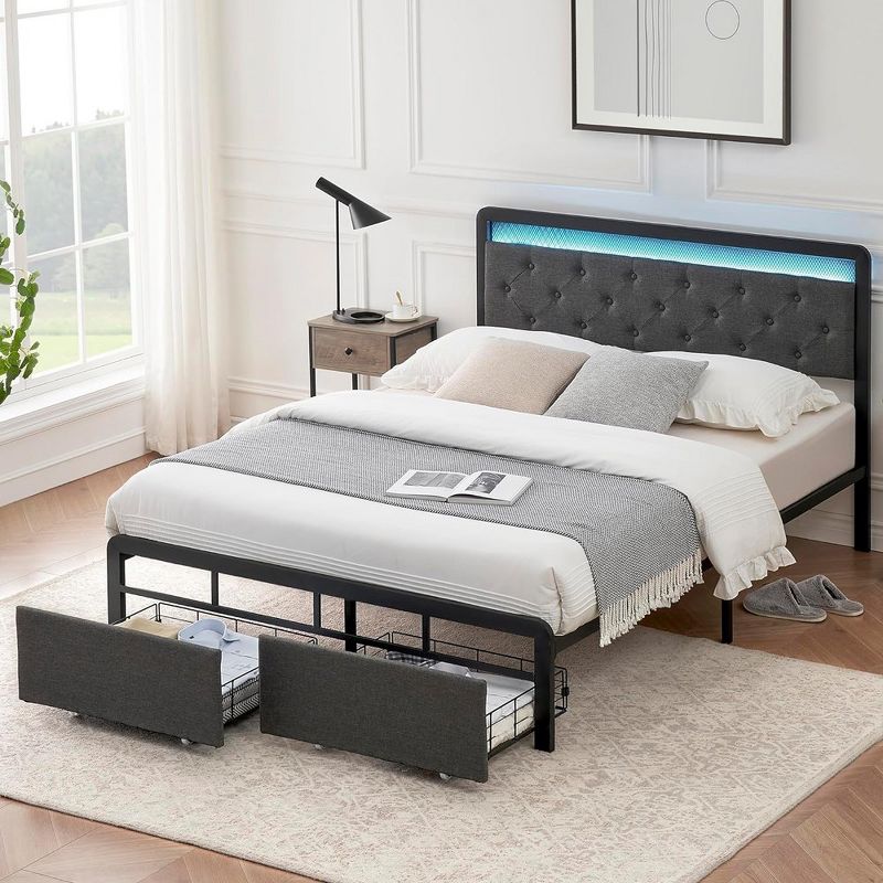 Whizmax LED Bed Frame with 2 Storage Drawers, Upholstered Platform Bed with Storage, Dark Grey, 1 of 9