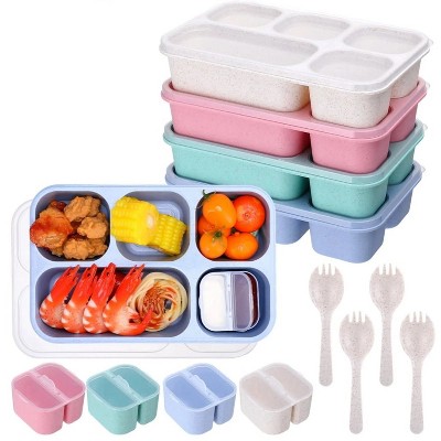 LunaLulinlk 4-Pack Wheat Straw Bento Boxes, 5 Compartment Lunch Boxes, Microwave and Dishwasher Safe, Eco-Friendly Food Storage for Adults