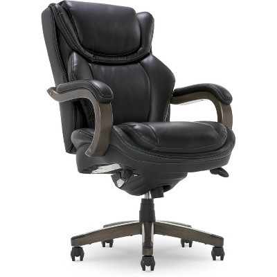 Black Leather Ergonomic Executive Office Chair with Wood Base