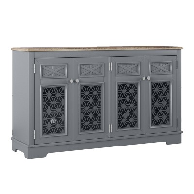 Vintage Gray Wood Buffet Sideboard with Glass Doors and Adjustable Shelves