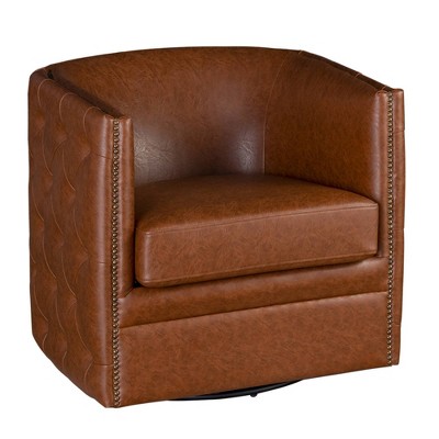 Brown Faux Leather Barrel Swivel Accent Chair with Wood Frame