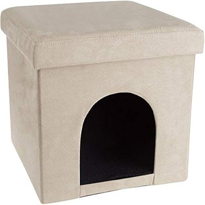 PETMAKER M320308 15 x 15 in. Pet House Ottoman Collapsible Multipurpose Cat or Small Dog Bed Cube  Microsuede - Tan