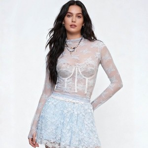 Women’s Floral Lace Slim-Fit Top – Sheer Stretch Tee with Baby Overlock Edge, Versatile Cherie Code - 1 of 4