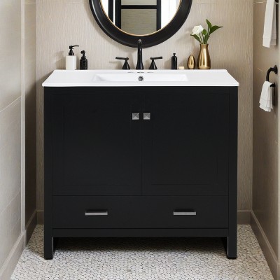 36" Bathroom Vanity with Ceramic Sink, Soft-Close Doors, Double Storage Shelves & Divided Drawer - Leovsnove