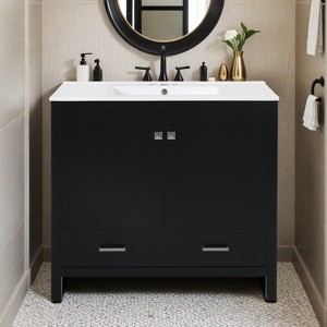 36" Bathroom Vanity with Ceramic Sink, Soft-Close Doors, Double Storage Shelves & Divided Drawer - Leovsnove - 1 of 4