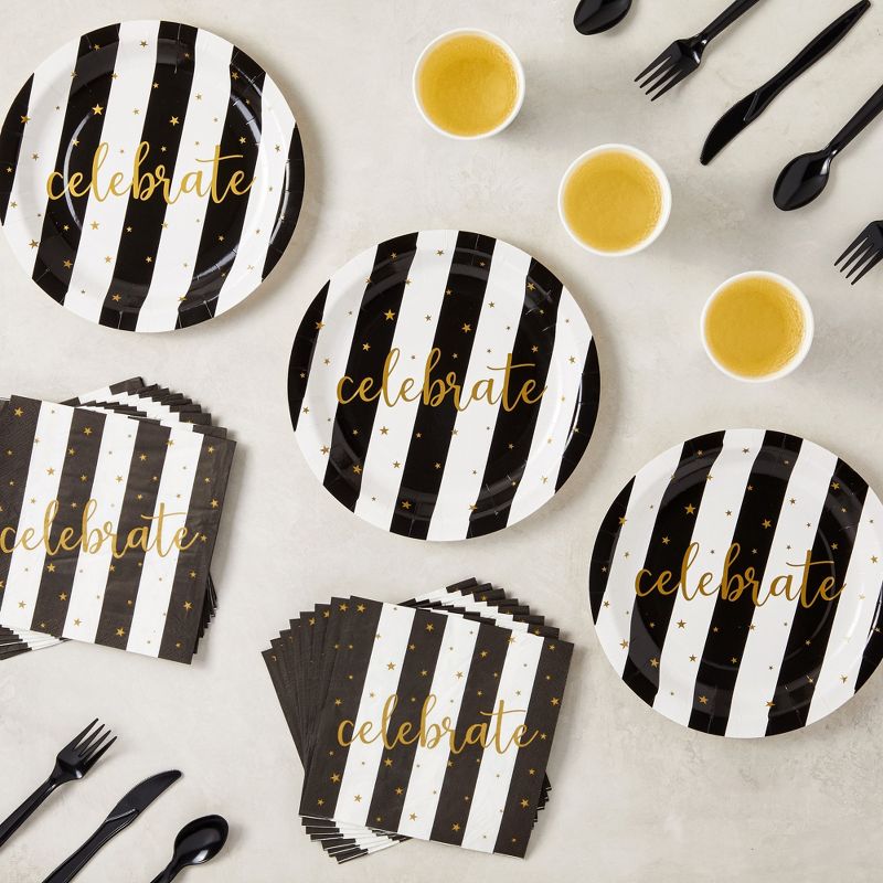 Juvale 144 Piece Black and White Party Supplies - Serves 24 Striped Plates, Napkins, Cups and Cutlery for Birthday, Graduation, 4 of 10