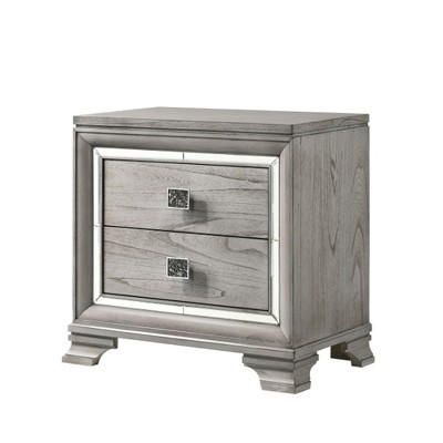 Chic Crate-Modern Bedside Table – 2-Drawer Bevel Mirror, Solid Wood Nightstand – Light Grey